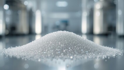 White PET granulate shown in laboratory setting, highlighting its role in plastic injection molding and thermal storage master batch