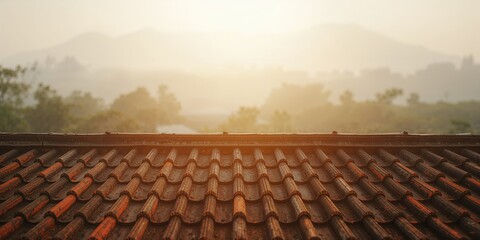 Fototapeta premium Traditional wooden tile roofing structure in Keng Tung, Myanmar, highlighting regional building techniques