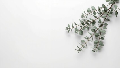 Top view of eucalyptus branches on white background, used for botanical or floral background in editorial layouts