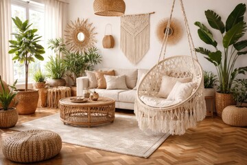 Boho style living room with rattan plants and lace hanging chair on wooden parquet floor