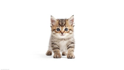 Fototapeta premium Young kitten lying on a plain white backdrop, highlighting delicate features and curiosity, International Pet Day