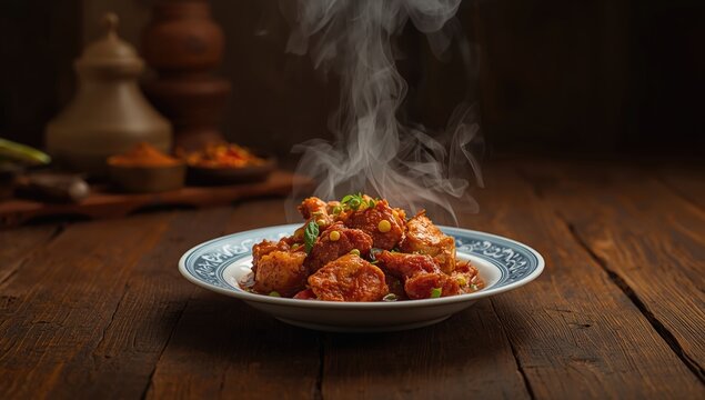 Spiced sukha mutton or chicken dish presented in a bowl or plate, highlighting the dry cooking technique, World Food Day