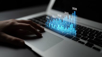 Business bar chart and line graph showing yearly business growth from 2022 to new year 2026, represent data analytics, future 2026 planning, business 2026 trend, and performance analysis 2026 Latch