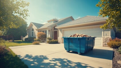 Suburban home renovation scene featuring a sizable wooden-filled blue dumpster in the driveway, highlighting construction debris management