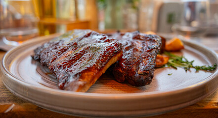 Grilled barbecue ribs with roasted potatoes served on rustic plate