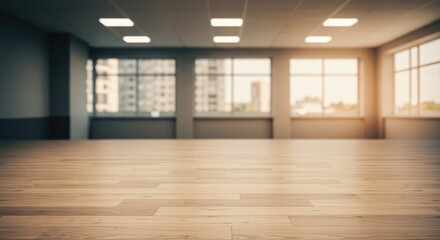 Fototapeta premium Empty office space with wooden floor and out-of-focus city view