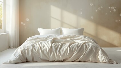 Obraz premium White linen bed with plush mattress, ideal for relaxation and sleep environment