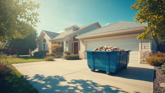 Suburban home renovation scene featuring a sizable wooden-filled blue dumpster in the driveway, highlighting construction debris management