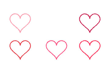 A collection of hand-drawn heart outlines in various shades of red, pink, and white on a stark black background isolated on transparent background