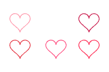 A collection of hand-drawn heart outlines in various shades of red, pink, and white on a stark black background isolated on transparent background