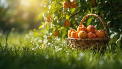 Basket of ripe apricots highlighting summer fruit abundance, natural setting, and vibrant colors