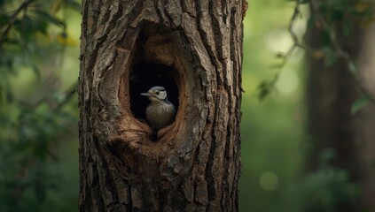 Obraz premium Young woodpecker in nest, emphasizing growth and survival, bird conservation awareness