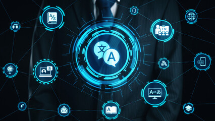 Translation icons show international languages, interpretation, and communication. Translation helps global business, translation supports learning, and translation improves cultural exchange. Gist