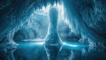 Ice-filled cavern with glistening stalactites and frozen floor, preservation challenges in cold environments