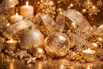 Holiday decorations with shimmering gold snowflake patterns for celebration