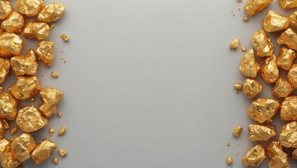 Metallic gold nuggets arranged on a neutral grey surface used for business branding and decorative patterns