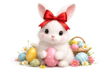 Festive Easter bunny with red bow ears on clean white isolated background