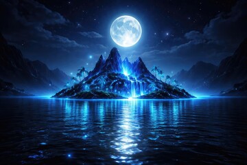 Neon blue glowing island with moonlight reflections on water in a dark  landscape