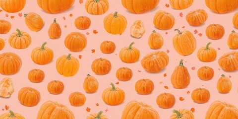 Seamless pumpkin pattern on pink background, seasonal design for autumn harvest themes