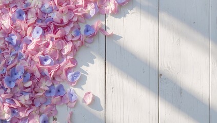 Bright pink and blue hydrangea petals arranged on weathered white wood, suitable for spring celebrations and womens appreciation occasions