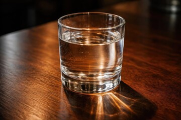 Closeup of a water glass with reflections on a dark wood table
