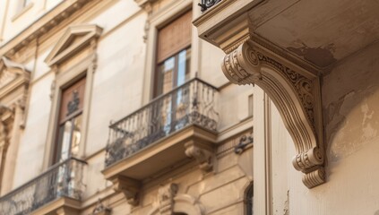 Stucco and plaster decorative elements on street-facing building facades, urban architectural maintenance
