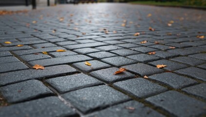 Detail of stone pavement made of uniform grey square slabs with autumn leaf debris, ideal for pathway maintenance planning