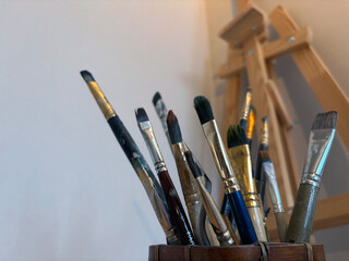 Close up artistic paintbrush in artist studio. Brushes for oil and watercolor painting
