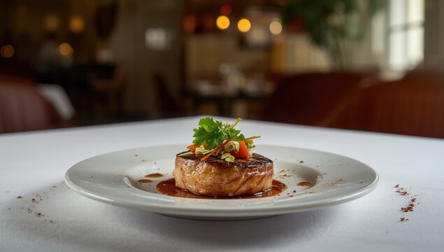 Fresh salad and sauce accompany a baracuda steak, highlighting meal composition