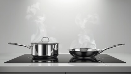 A pair of metal cookware resting on an electric stove surface during meal preparation, emphasizing appliance use