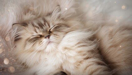 Close-up of a long-haired feline sleeping on a drop, highlighting fur and facial features, in a cozy indoor setting