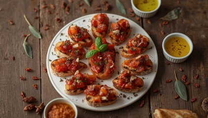 Grilled bruschetta served with spicy dips and olive oil, focusing on nutritious cuisine and gourmet preparation