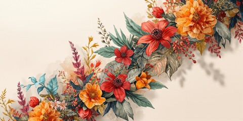 Ethnic geometric patterns incorporated into bold textile floral designs intended for comprehensive fabric printing projects