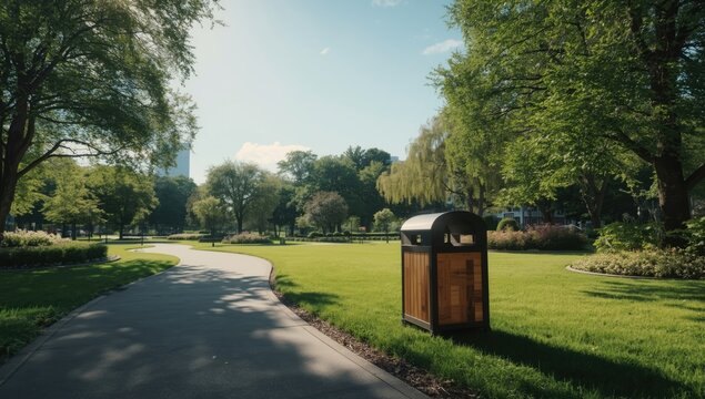 Summer scene in an urban park featuring a trash bin for waste disposal