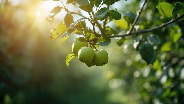 Unripe apple fruits hanging on a branch, illustrating early fruit development stages
