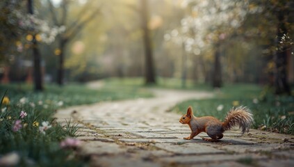 Squirrel in the park, foraging among trees and grass, Earth Day