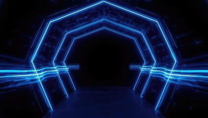 Futuristic cyberspace scene with a hexagonal tunnel and neon glow, designed for digital technology UI backgrounds