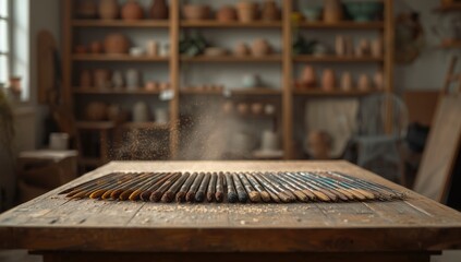 Clay crafting area featuring an array of brushes on a worktable, focused on surface finishing techniques