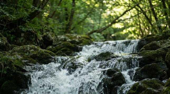 Small mountain stream with clear water flowing rapidly over dark, moss-covered rocks in a serene, lush green forest with beautiful dappled sunlight in the background - Powered by Adobe