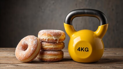 Yellow kettlebell and stack of sweet donuts on wooden table. Fitness vs junk food concept. Diet and exercise balance or cheat day