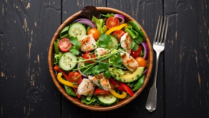 Fresh grilled chicken salad with avocado, tomato, and cucumber in a wooden bowl. Healthy food flat lay on dark rustic table