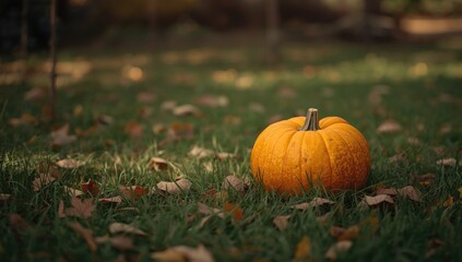 Pumpkin with bright autumn hues serving as garden ornamentation, seasonal harvest decoration