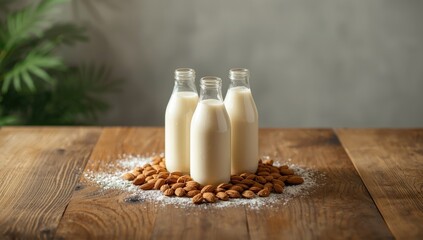 Fresh milk bottles and almonds on a wooden table, dairy and nut pairing for food layout