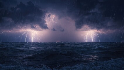 Nighttime storm with vivid lightning illuminating the sea, highlighting atmospheric electrical activity