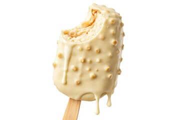 Partial bitten ice cream treat with dripping white chocolate on stark white background