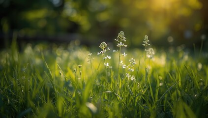 Summer meadow with blooming wild chervil, highlighting natural flowering plants