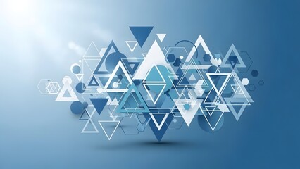 Abstract geometric background with overlapping triangles, circles and hexagons in shades of blue and white.
