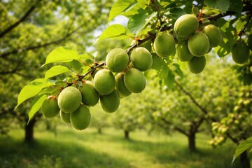 Immature Japanese apricot fruits developing on vibrant orchard tree