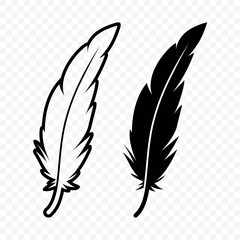 Vector Black and White Silhouette Fluffy Feather Icons. Silhouette Feather Closeup, Isolated. Flamingo, Angel, Bird Feather Design Template. Lightness and Freedom Concept