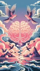 Conceptual Mind Landscape with Birds and Flowing Rivers